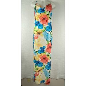 NWT Iris Women S Floral Cowl Neck Maxi Dress Blue Orange Yellow Side Slit